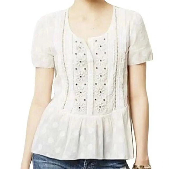 Leifsdottir Anthropologie Beaded Sheer White Peplum Blouse Size 0 - Picture 2 of 9